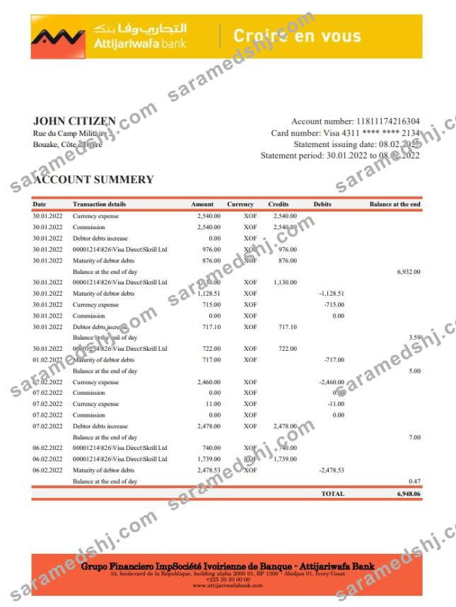 Cote d'Ivoire Attijariwafa bank statement xls